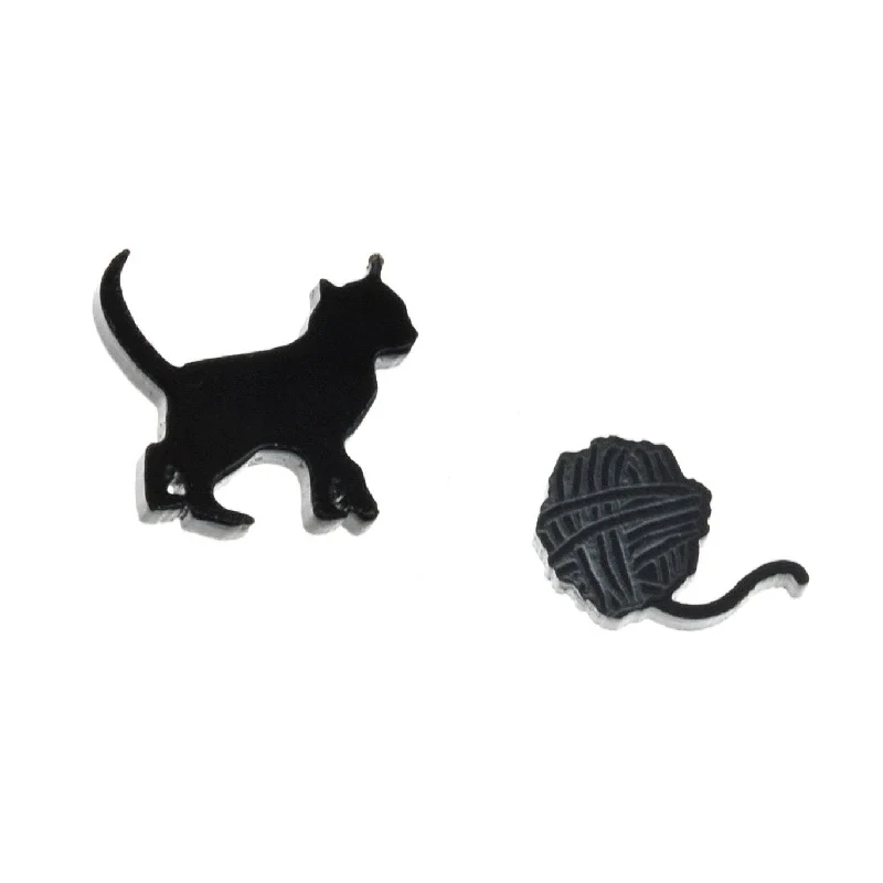 Women’s matching earrings-Kitten & Yarn Earrings Set of Two in Black