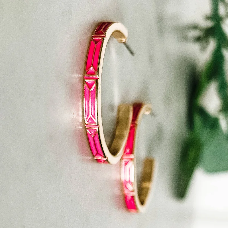 Women’s creative earrings-Bright Pink Enamel and Gold Hoop Earrings