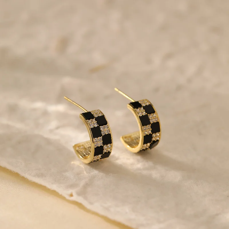 Women’s elegant earrings-Black and White Checkerboard Gold Hoop Earrings