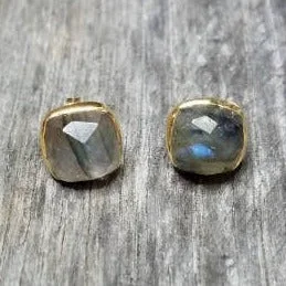 Women’s lock earrings-Gold Cushion Labradorite Stud Earrings