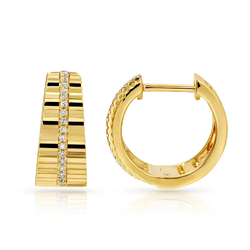 Women’s gold diamond stud earrings-Fluted Diamond Line Huggies