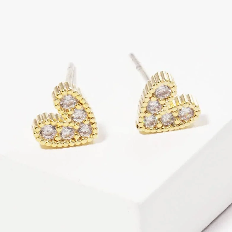 Women’s matching earrings-Dipped Heart CZ Stone Stud Earrings