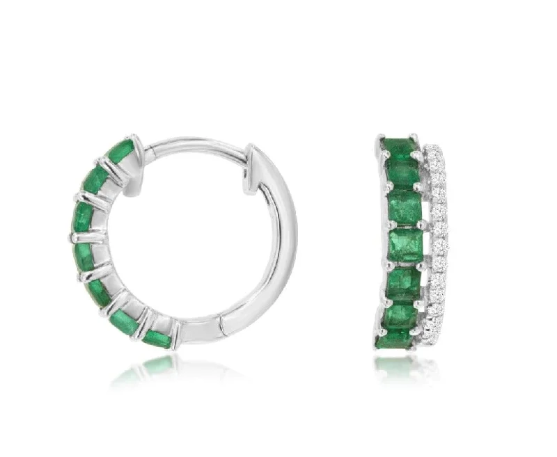 Women’s luxury diamond earrings-14k white gold emerald and diamond hinged hoop