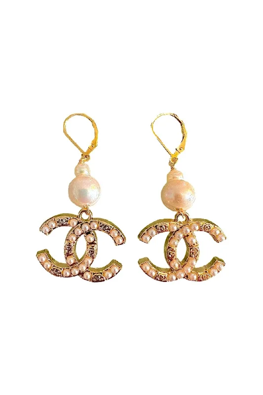 Women’s small hoop earrings-CC Gold & Pearl Dangle Earrings