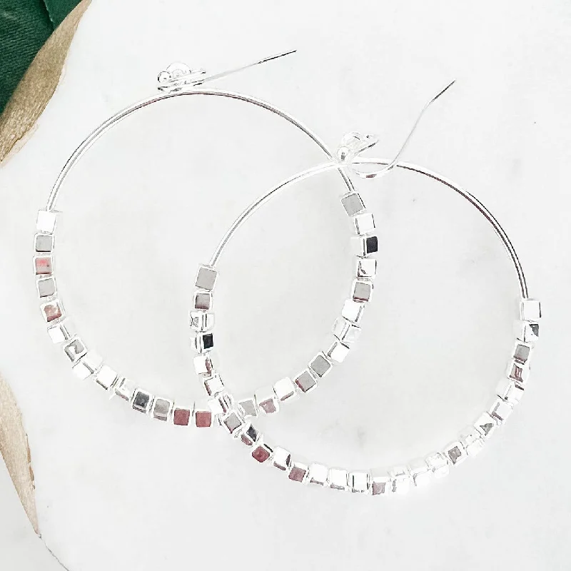 Women’s oval hoop earrings-Silver Beaded Circle Hoop Earrings