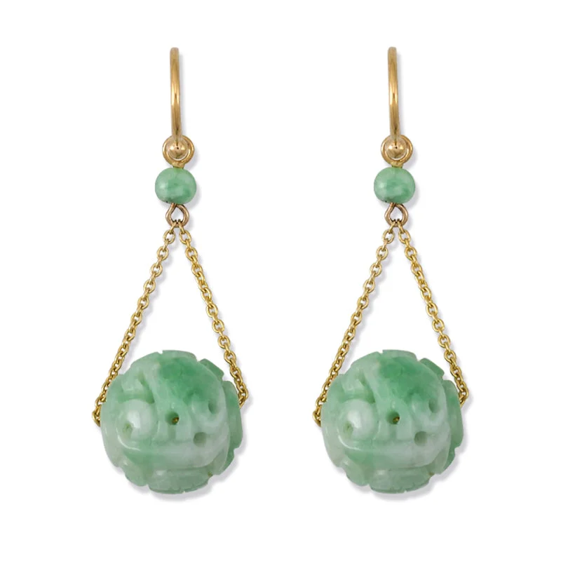 Women’s statement earrings-Carved Jade Bead Dangle Earrings