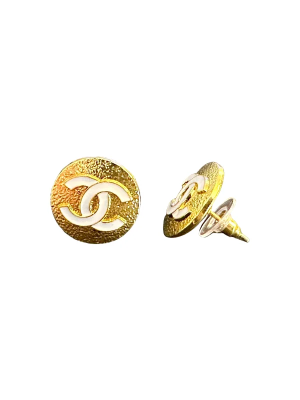 Women’s custom hoop earrings-CC White & Gold Button Earrings