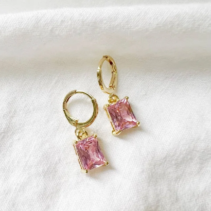 Women’s layered earrings-Arden Pink CZ Baguette Huggie Hoops Gold Filled Earrings