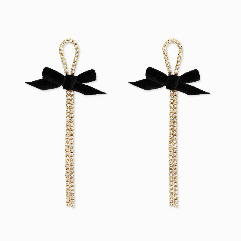 Women’s pearl stud earrings-Black Velvet Bow Rhinestone Drop Earrings