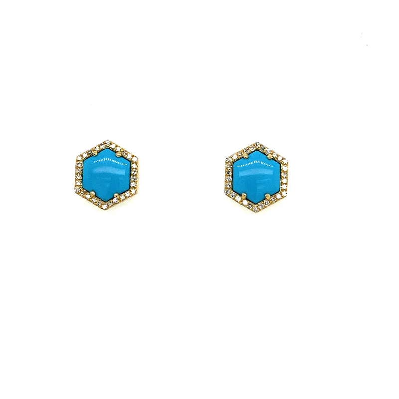 Women’s dangling gemstone earrings-Hexagon Turquoise & Diamond Stud Earrings