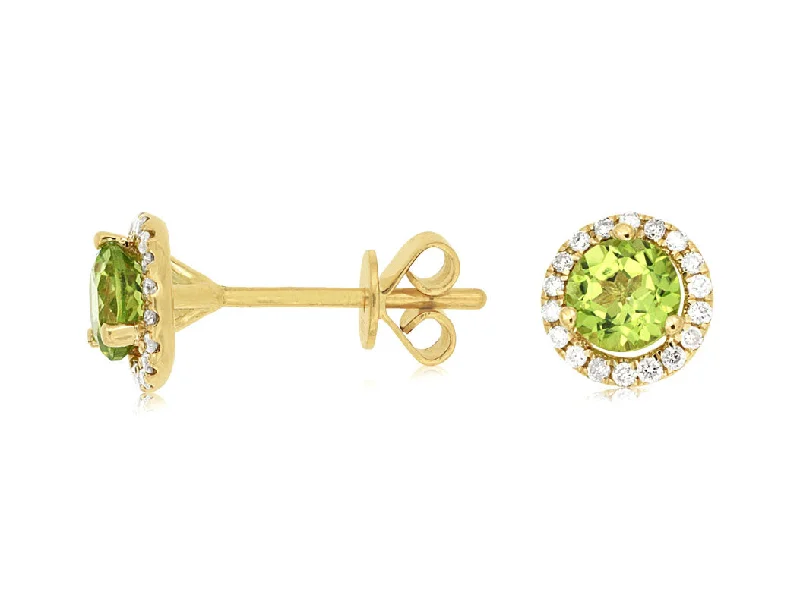 Women’s colorful earrings-14k yellow gold peridot and diamond bezel post earrings