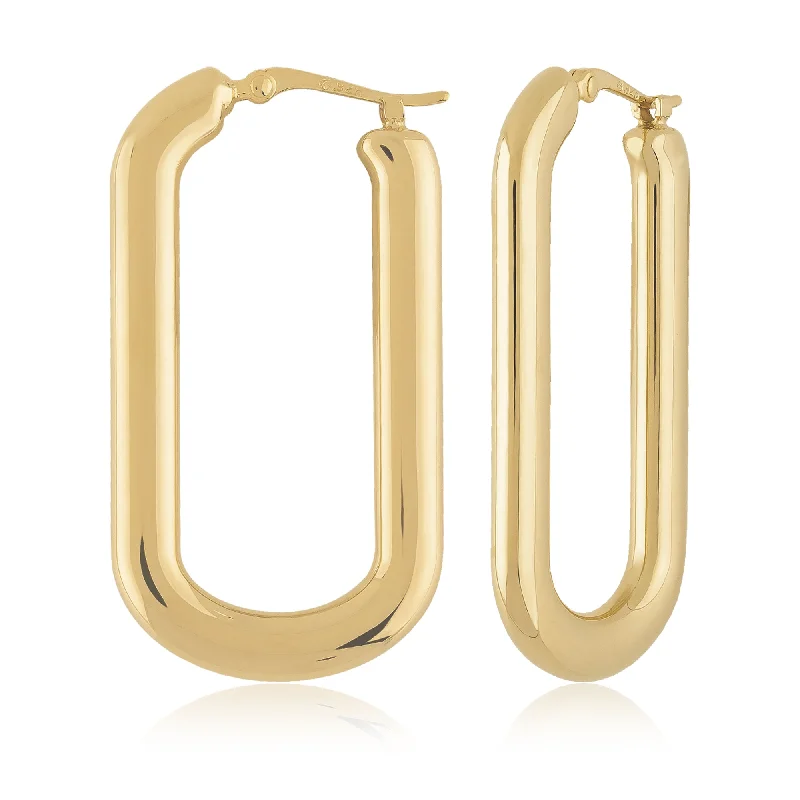 Women’s trendy earrings-14k yellow gold long flat oval hoop earrings