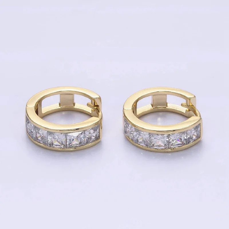 Women’s gemstone stud earrings-14K Gold Clear Square CZ Lined Huggie Hoop Earrings