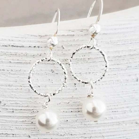 Women’s trendy hoop earrings-Silver Diamond Cut w/Crystal Pearls Earrings- White