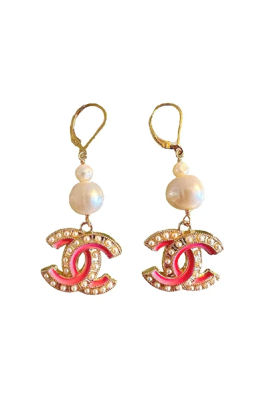 Women’s silver earrings-CC Cutout Pink Pearl Dangle Earrings