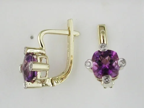 Women’s fashion earrings-14k yellow gold cushion amethyst with diamond accents