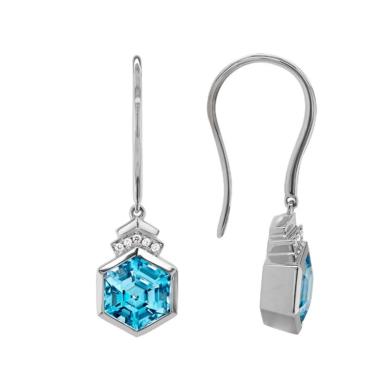 Women’s trendy hoop earrings-Blue Topaz Hexagon & Diamond Earrings