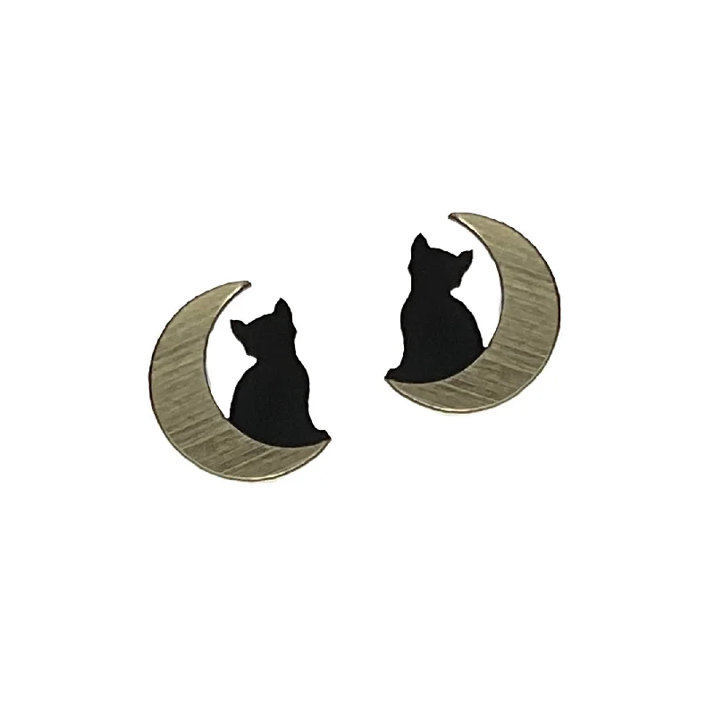 Women’s chandelier earrings-Small Cat in Moon Earrings