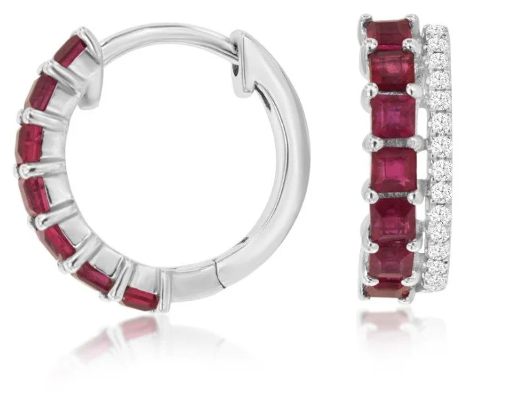 Women’s art-inspired earrings-14k white gold ruby and diamond hinged hoop earrings