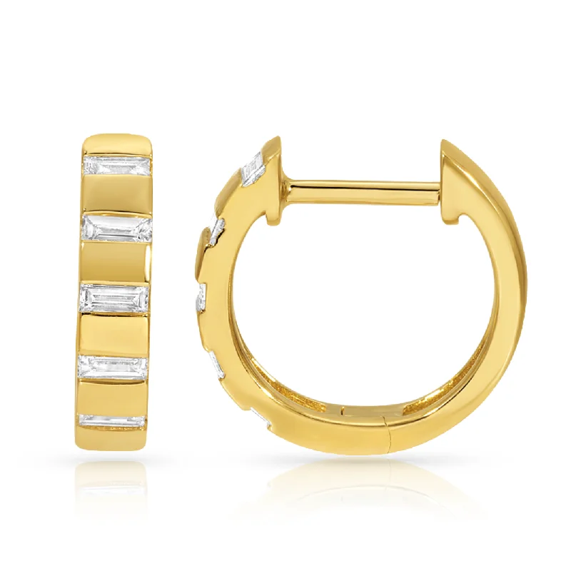 Women’s solid gold earrings-Segment Baguette Huggies