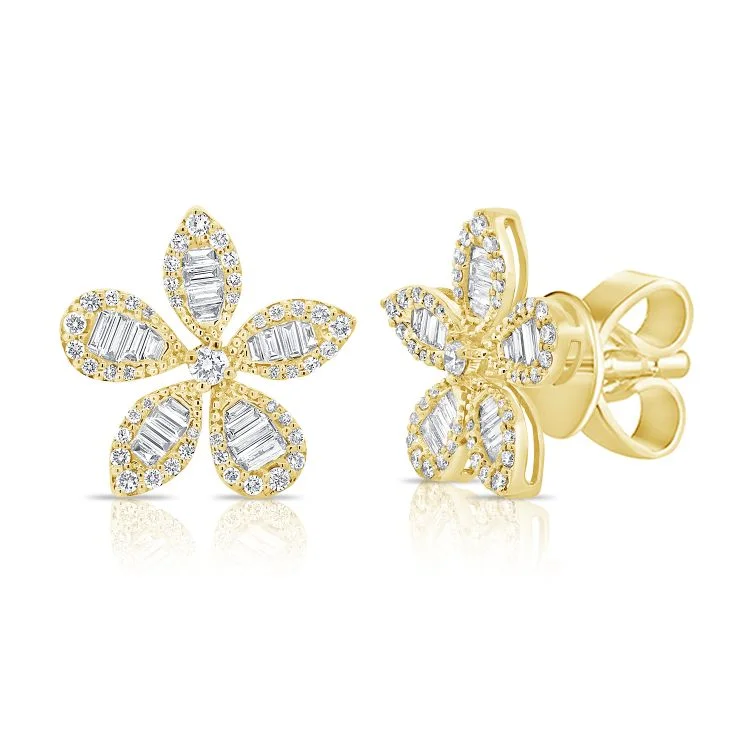 Women’s pearl earrings-Baguette + Pave Diamond Flower Studs