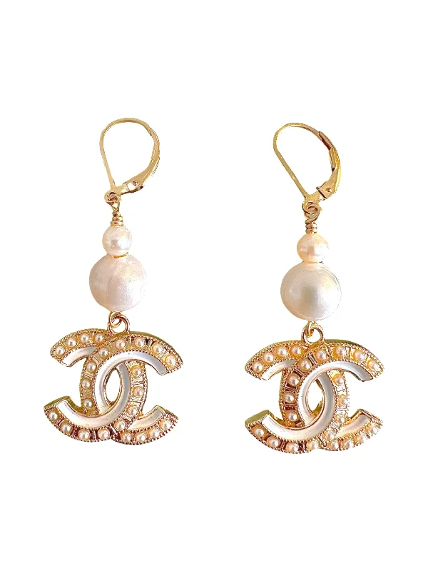 Women’s bold statement earrings-CC Cutout White Pearl Dangle Earrings