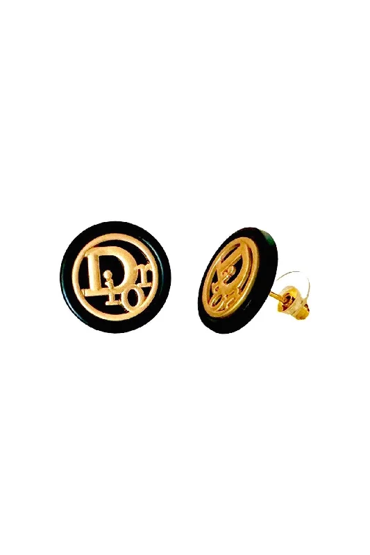 Women’s enamel earrings-Dior Black & Gold Button Earrings