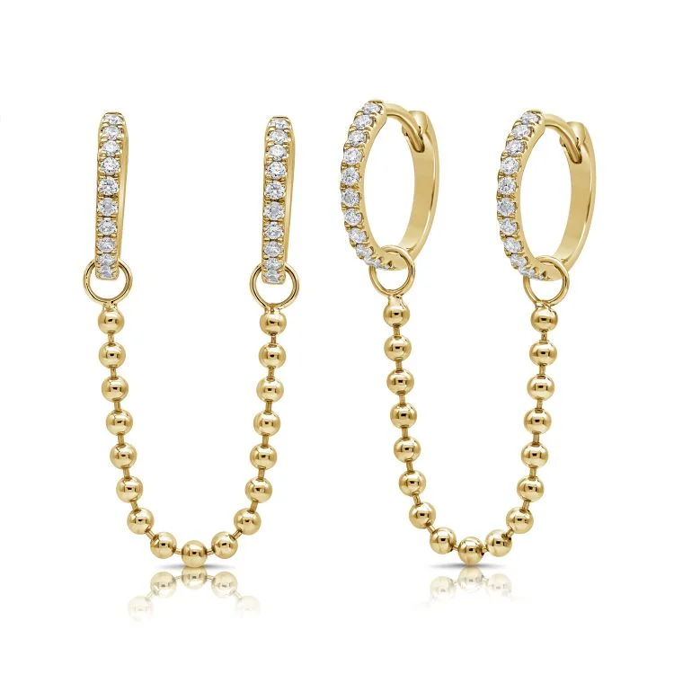 Women’s layered earrings-Diamond Huggies with Ball Chain Drop