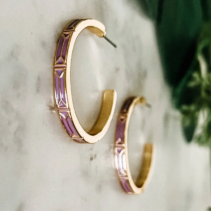 Women’s vintage earrings-Purple Enamel and Gold Hoop Earrings