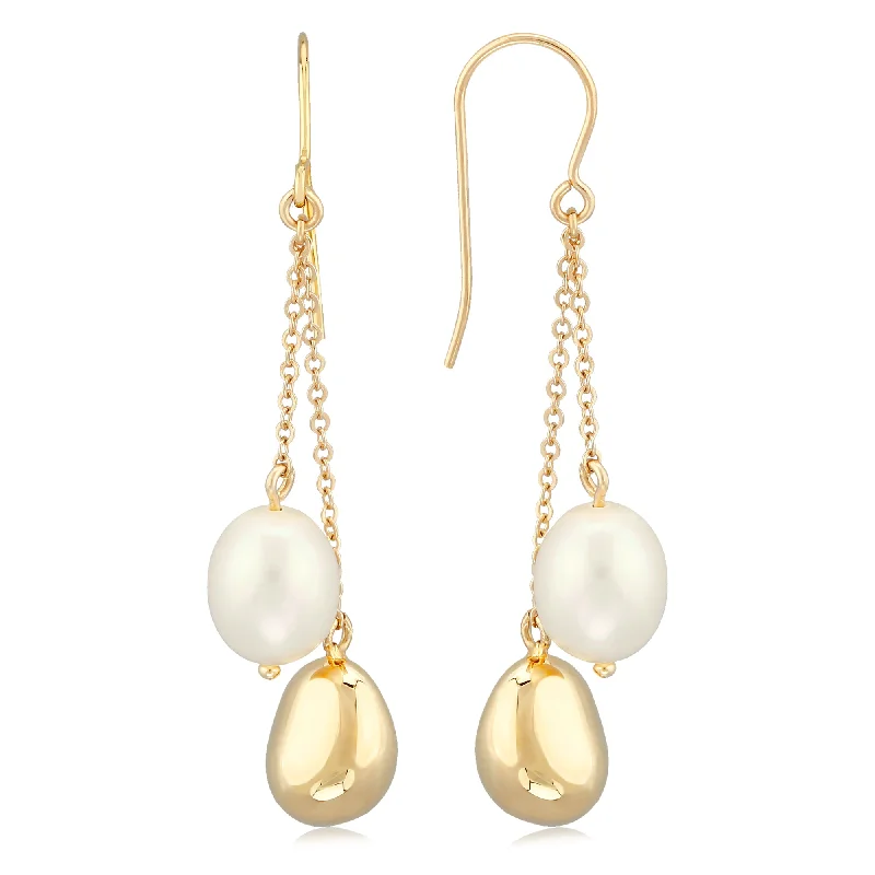 Women’s chunky earrings-Pearl & Gold Double Dangle Earring