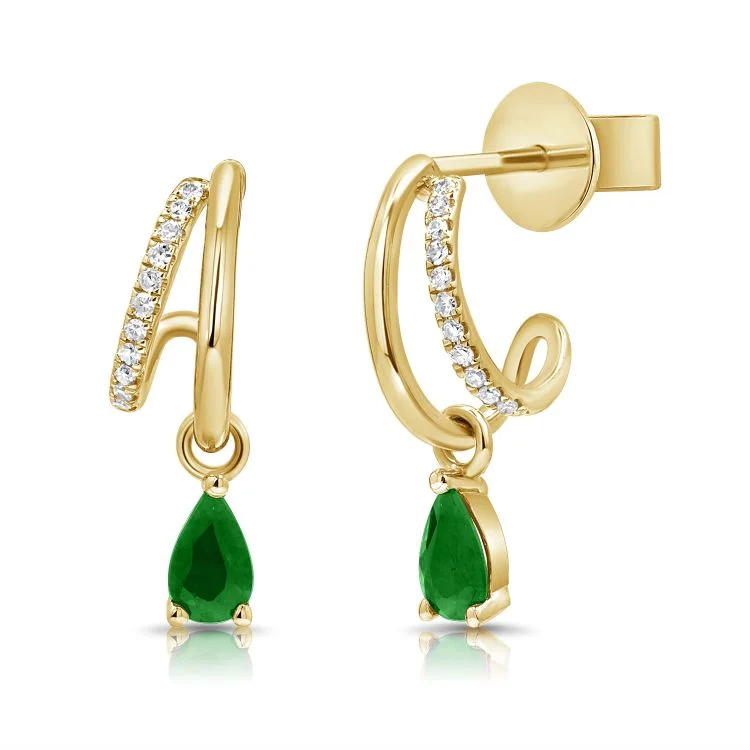 Women’s diamond stud earrings-Split Diamond Huggies with Pear Emerald Drop