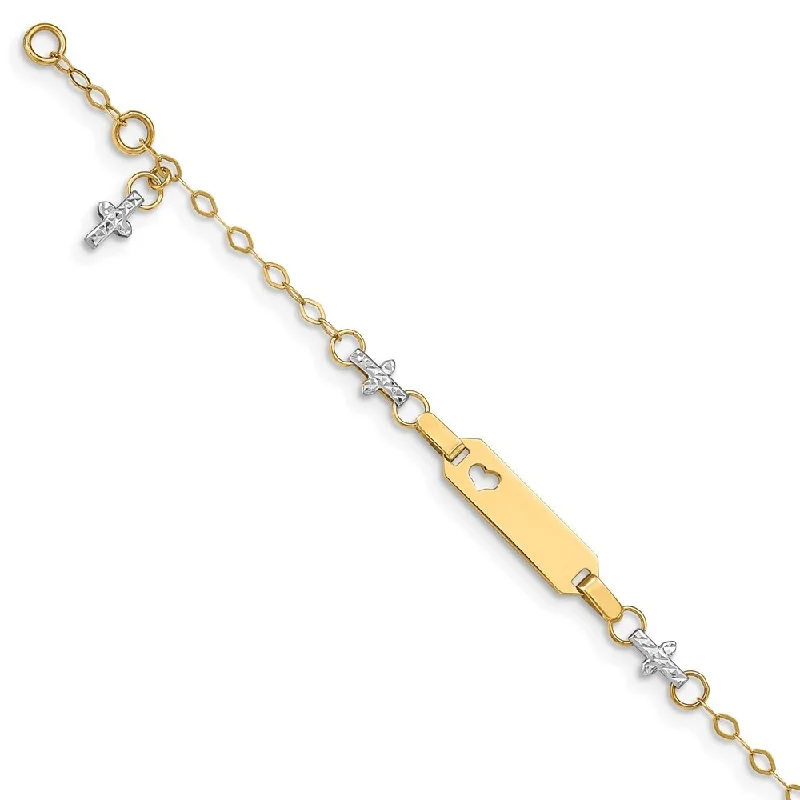 Women’s minimalist bracelets-14k Two-tone 5mm Baby Polished and Textured Cross ID Bracelet, 4.5" w/1in Extender