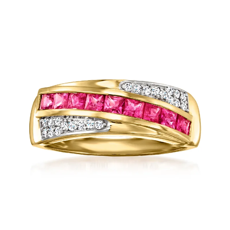 Women’s double halo engagement rings-Ross-Simons Pink Sapphire and . Diamond Ring in 14kt Yellow Gold