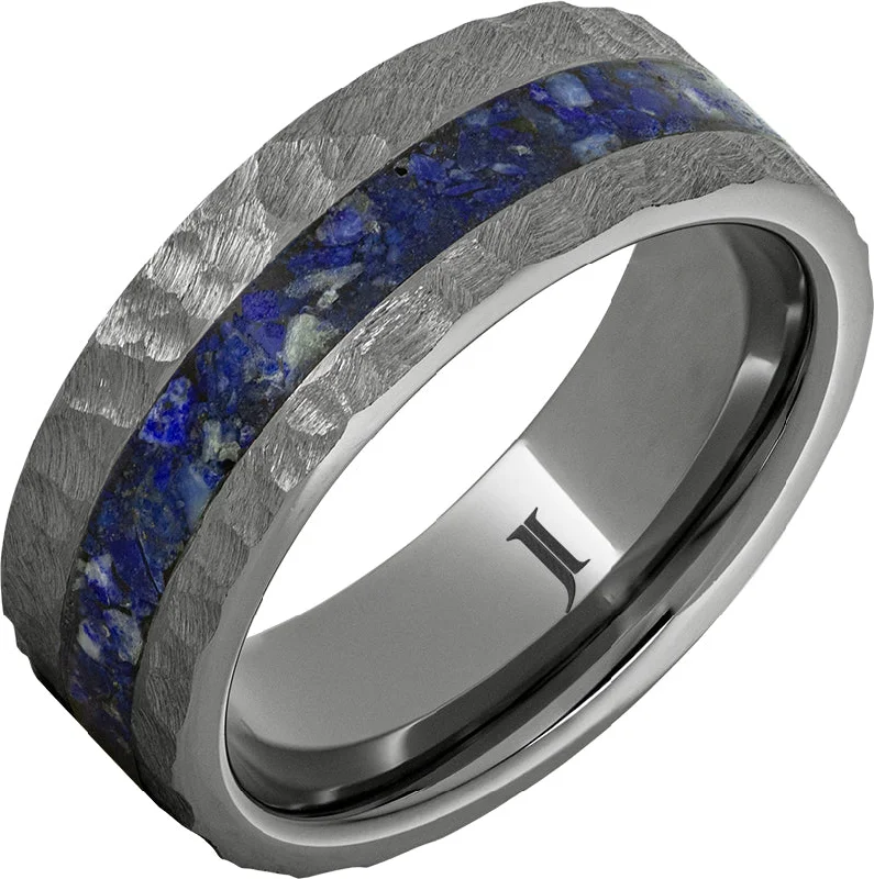 Women’s oversized rings-Rugged Tungsten™ Ring with Lapis Lazuli Inlay and Moon Crater Finish