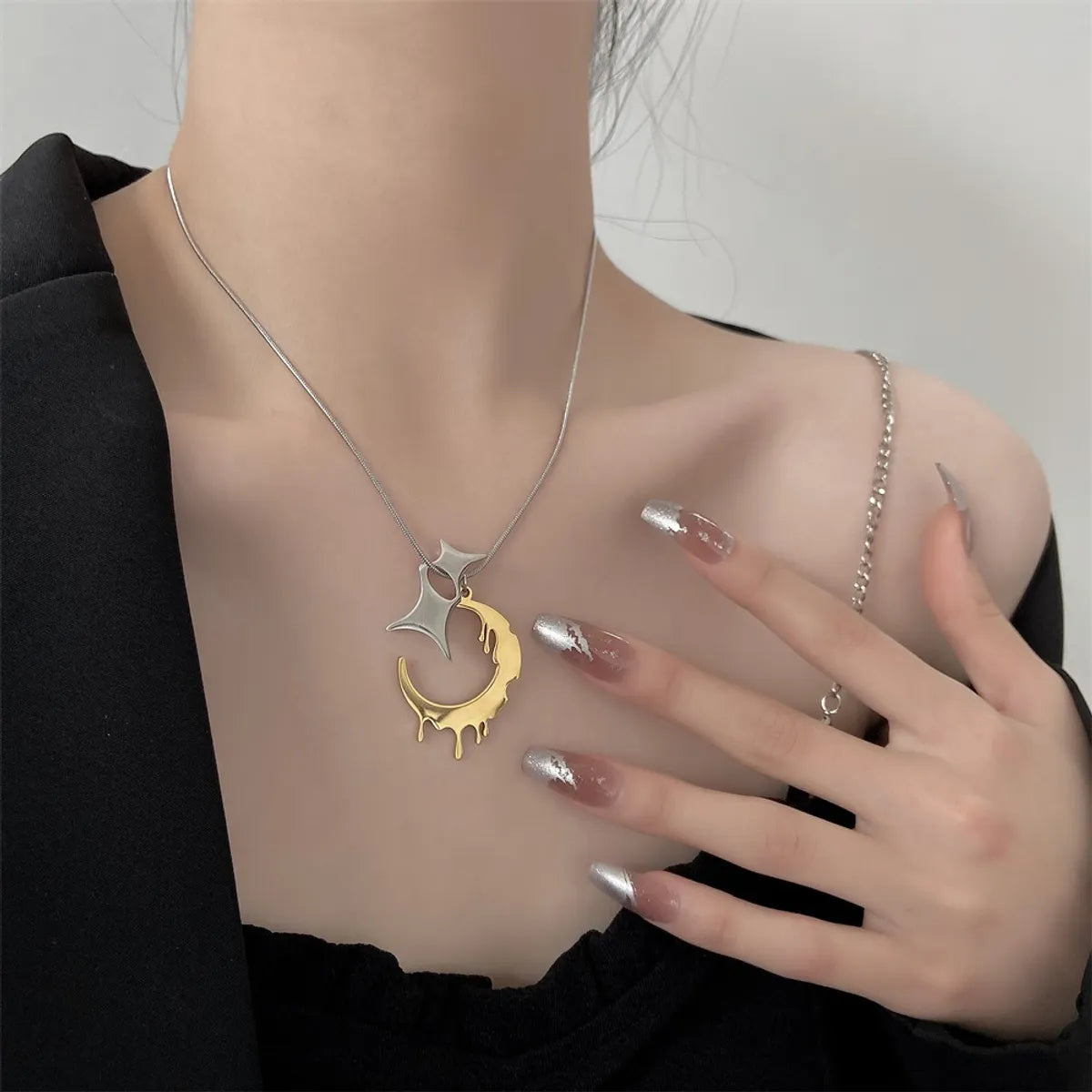 Women’s long necklaces-Fashion Stainless Steel Irregular Moon Necklace Daily Unset