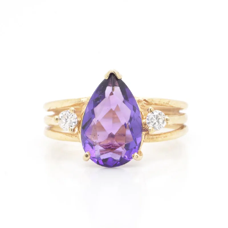 Women’s halo engagement rings-14K Yellow Gold Amethyst & Diamond Ring