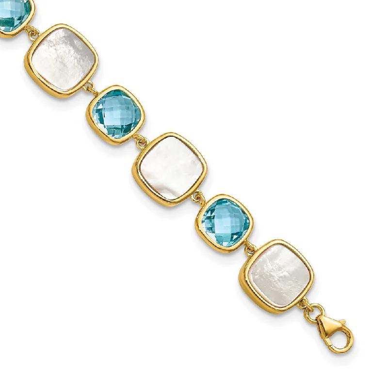 Women’s gold bracelets-Sterling Silver Gold-plated Blue Topaz & MOP w/2 in ext. Bracelet-WBC-QG6225BT-7.5