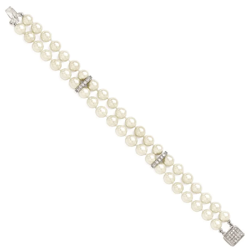 Women’s designer bracelets-Sterling Silver Majestik Rh-pl 7-8mm Wht Imitat Shell Pearl & CZ Bracelet-WBC-QMJB270W-7.5