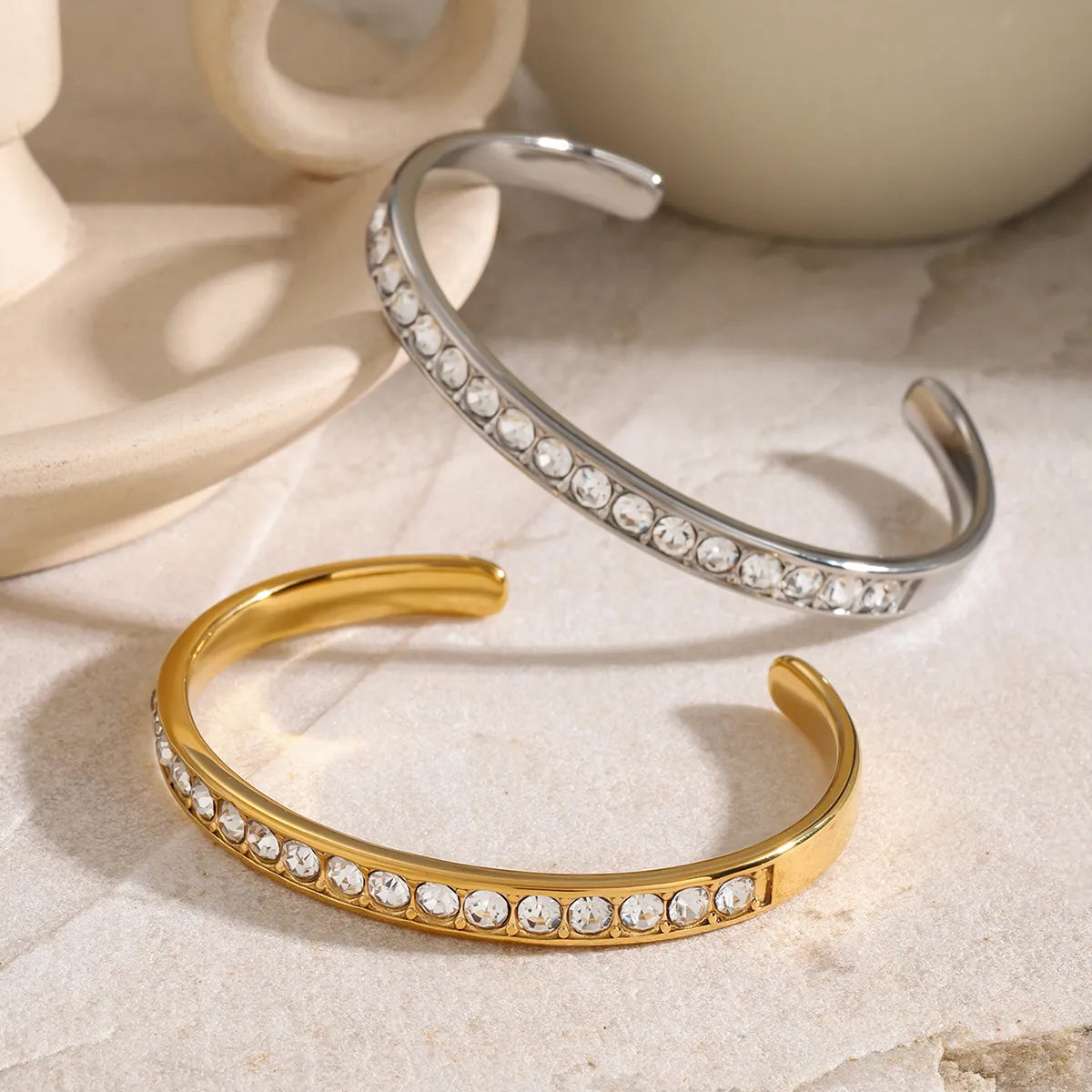 Women’s crystal bracelets-IG Style C Shape 316 Stainless Steel  18K Gold Plated Rhinestones Cuff Bracelets In Bulk