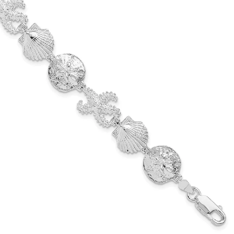 Women’s luxury bracelets-Sterling Silver Polished Starfish,Shell,Sand Dollar Bracelet-WBC-QH5570-7.25