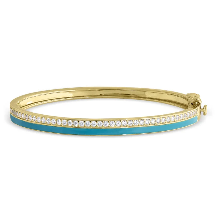 Women’s diamond tennis bracelets-Gold Vermeil Sterling Silver Micropave Hinged Bangle Bracelet with Turquoise Enamel and Simulated Diamonds