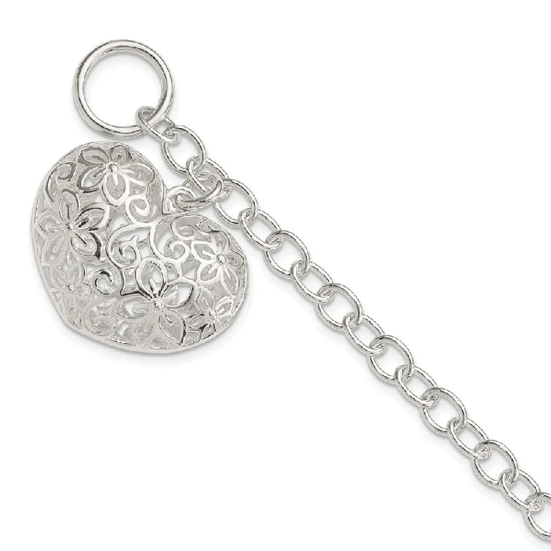 Women’s bohemian bracelets-Sterling Silver Puffed Filigree Heart Toggle Bracelet-WBC-QG2978-7.75