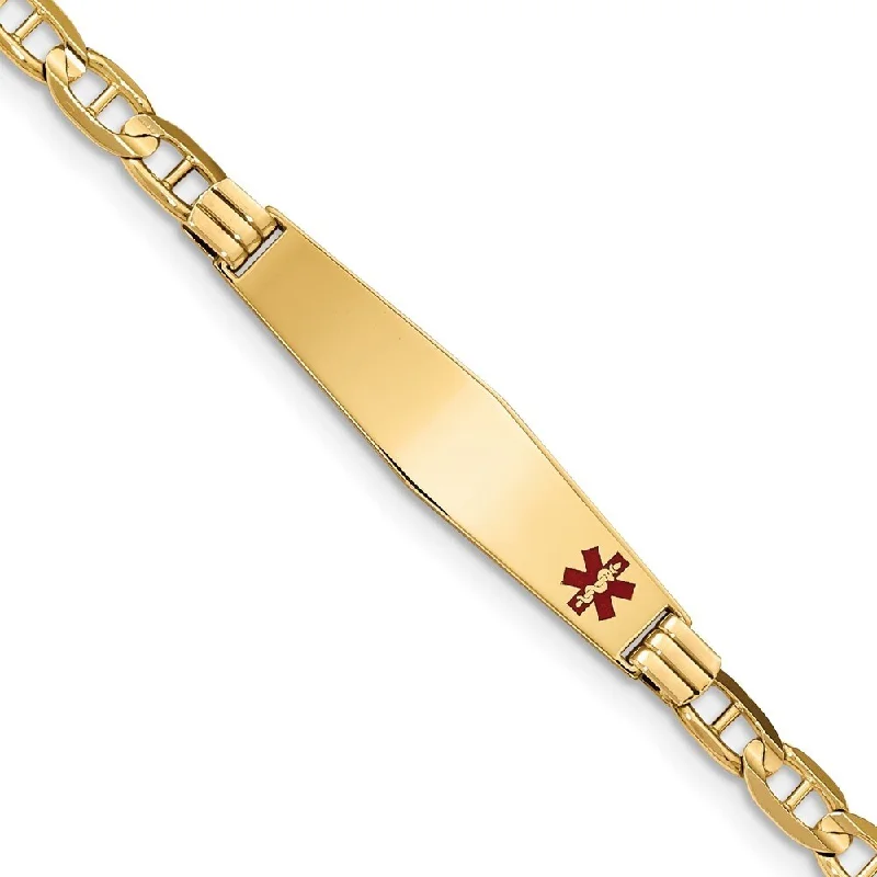 Women’s statement leather bracelets-14k Yellow Gold 9mm Medical Soft Diamond Shape Red Enamel Anchor ID Bracelet, 7"