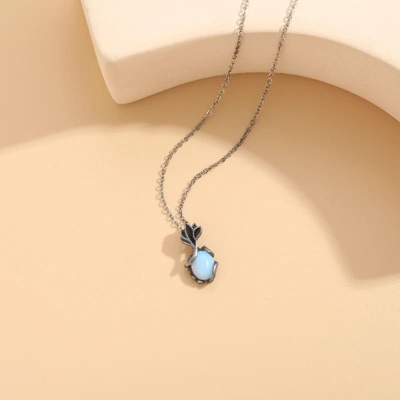 Women’s gemstone pendant necklaces-Vintage Style Leaf Moon Water Droplets Alloy Enamel Inlay Natural Stone Women's Pendant Necklace