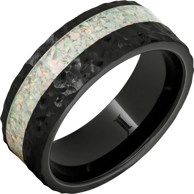 Women’s two-tone rings-Black Diamond Ceramic™ Opal Inlay Ring with Hand Carved Surface