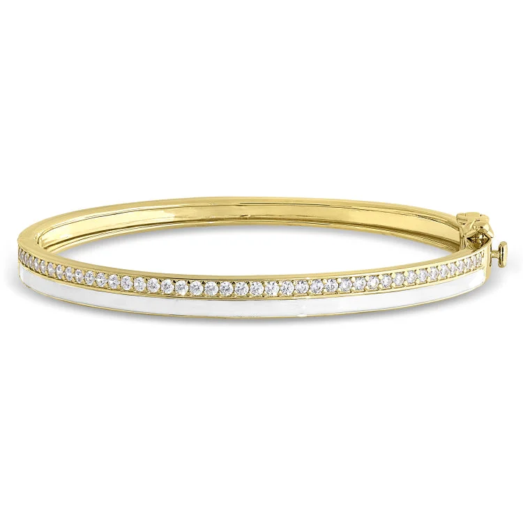 Women’s chunky bracelets-Gold Vermeil Sterling Silver Micropave Hinged Bangle Bracelet with with White Enamel and Simulated Diamonds