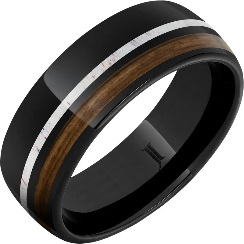 Women’s wedding ring sets-Barrel Aged™ Black Diamond Ceramic™ Ring with Bourbon Wood and Deer Antler Inlays