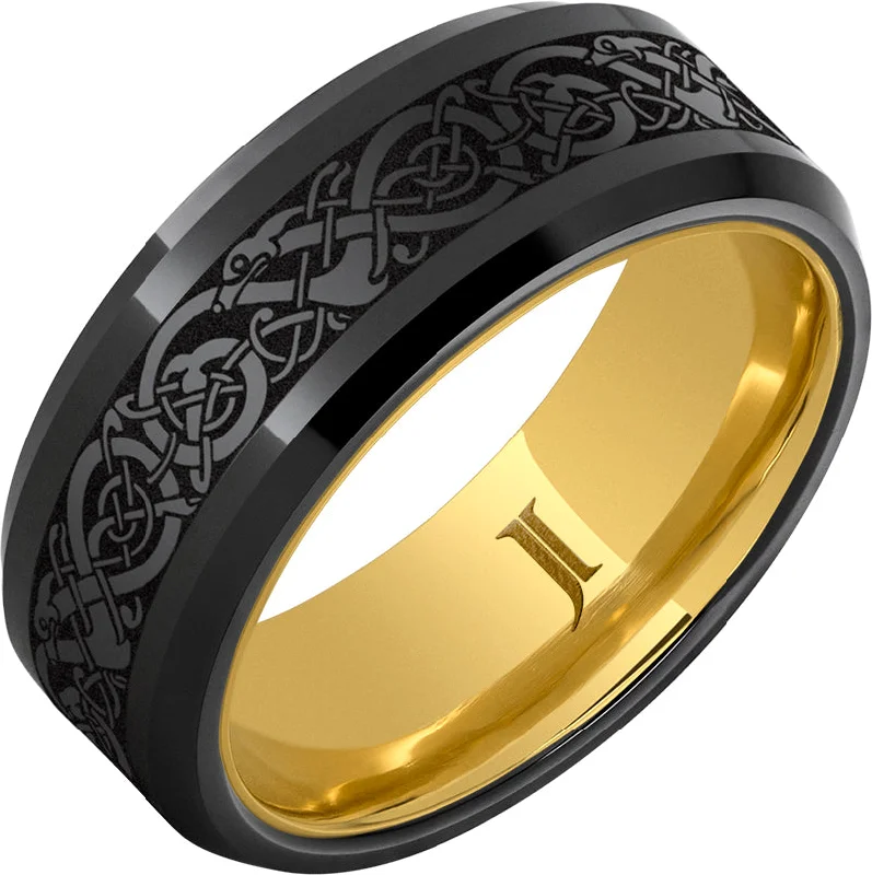 Women’s adjustable gold rings-The Viking - Black Diamond Ceramic™ Engraved Ring with Hidden Gold™ Interior