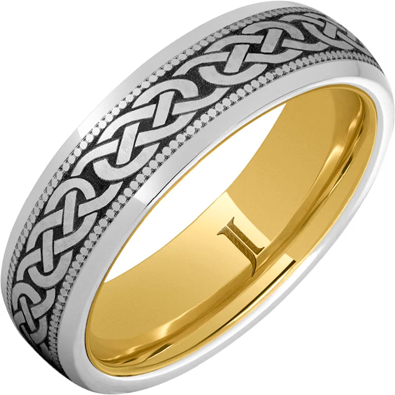 Women’s anniversary rings-Serinium® Ring Celtic Three Knot Design, Yellow Gold Interior and Milgrain Edge