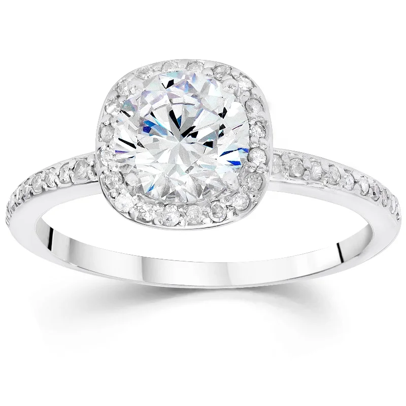 Women’s princess-cut sapphire engagement rings-1 1/20ct Pave Halo Diamond Ring 14K White Gold